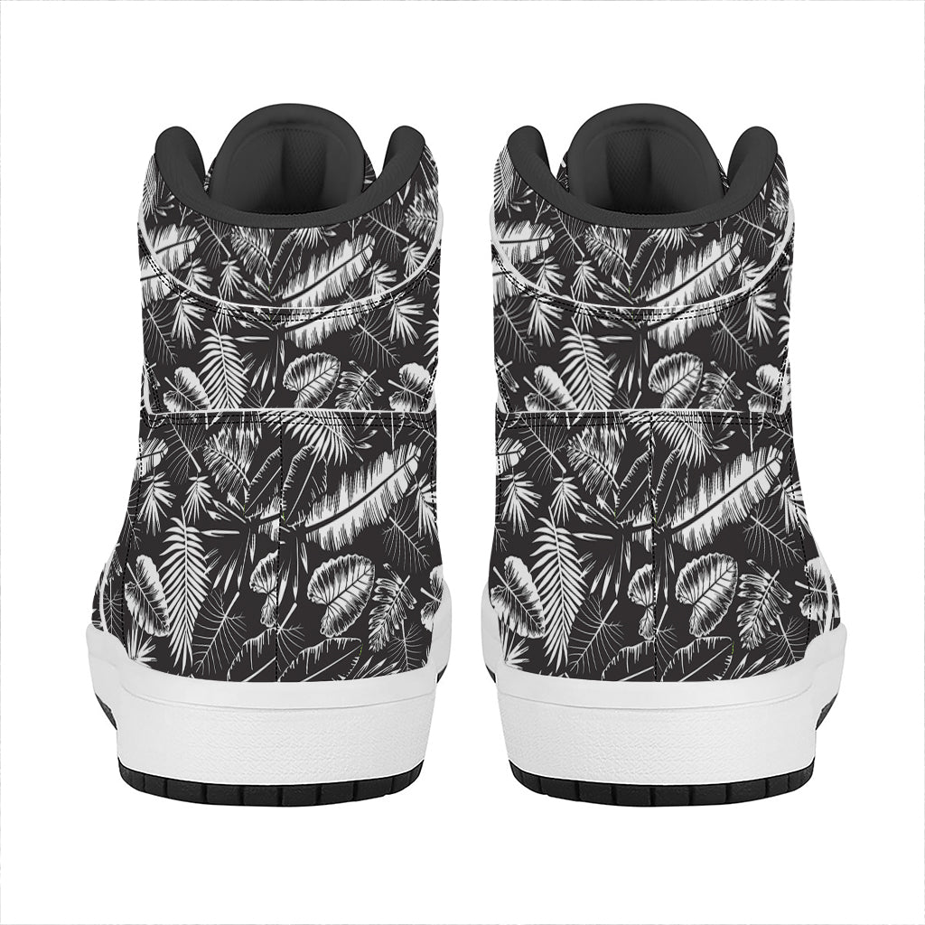 Black And White Tropical Palm Leaf Print High Top Leather Sneakers