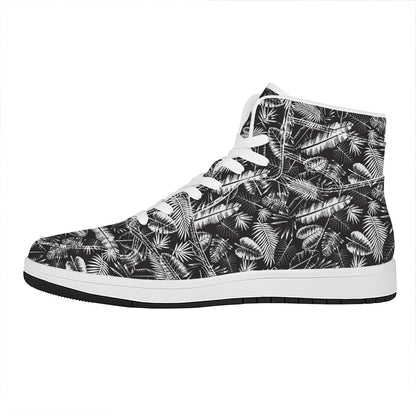Black And White Tropical Palm Leaf Print High Top Leather Sneakers