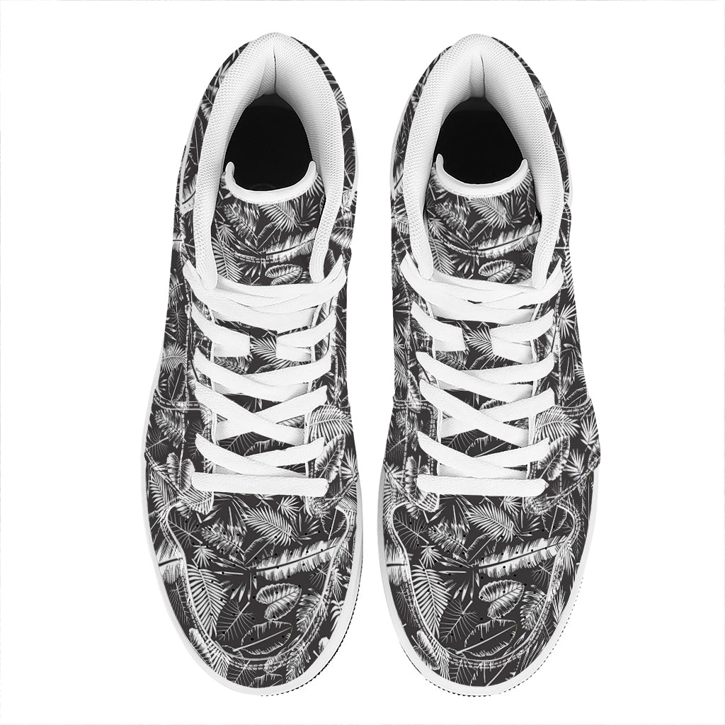 Black And White Tropical Palm Leaf Print High Top Leather Sneakers