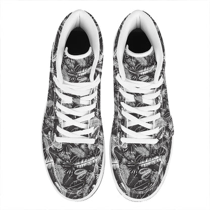 Black And White Tropical Palm Leaf Print High Top Leather Sneakers