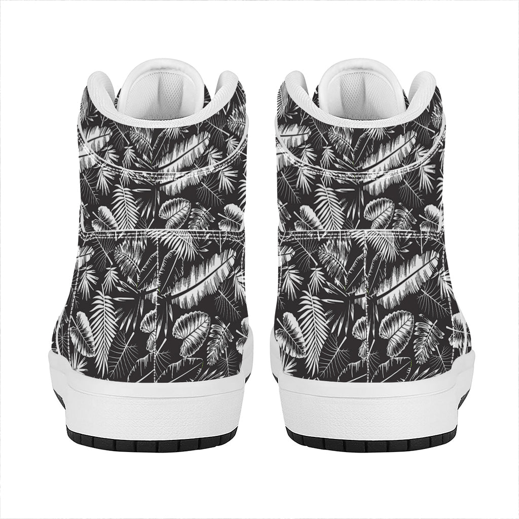 Black And White Tropical Palm Leaf Print High Top Leather Sneakers