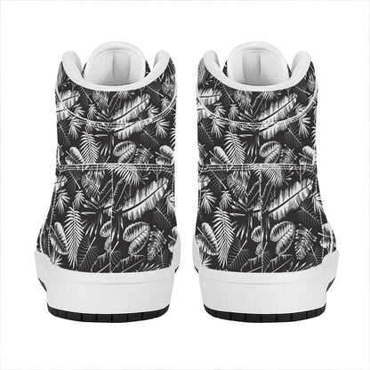 Black And White Tropical Palm Leaf Print High Top Leather Sneakers