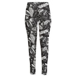 Black And White Tropical Palm Leaf Print High-Waisted Pocket Leggings
