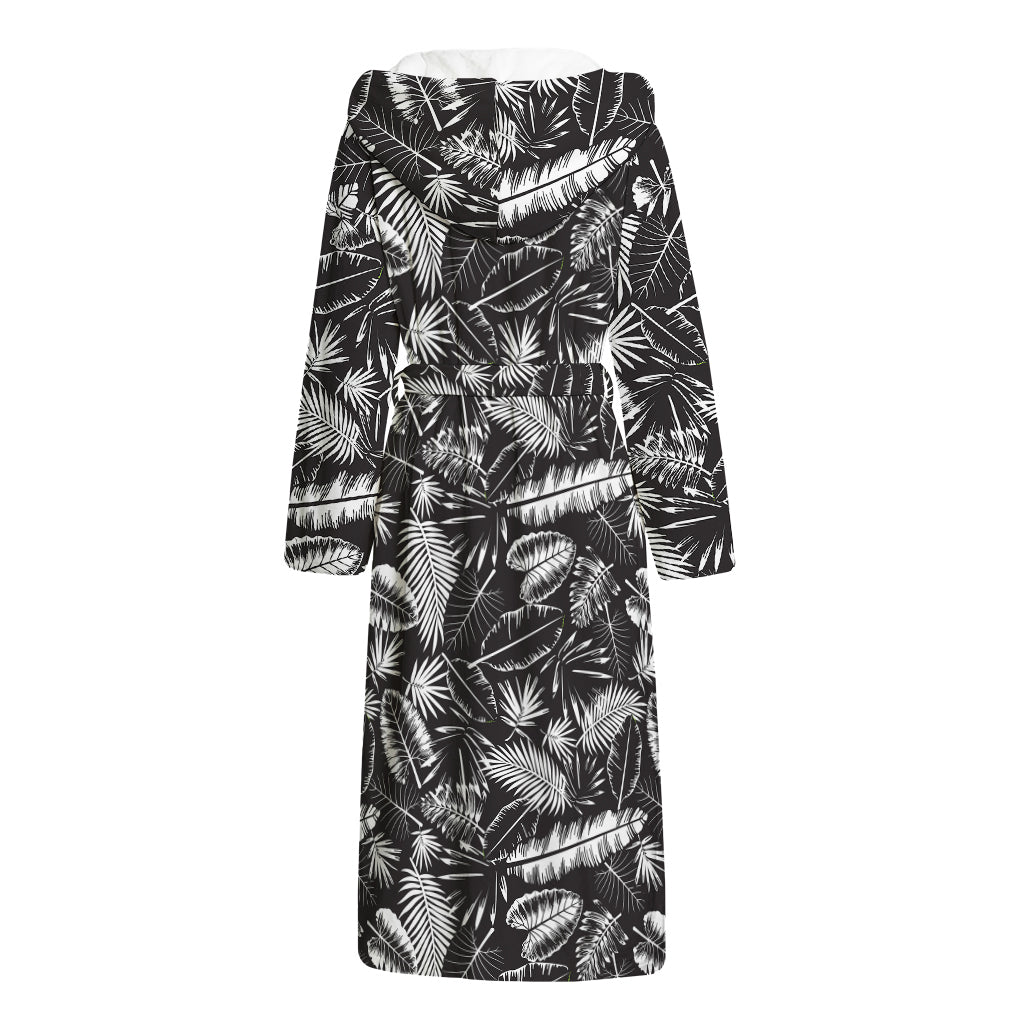 Black And White Tropical Palm Leaf Print Hooded Bathrobe