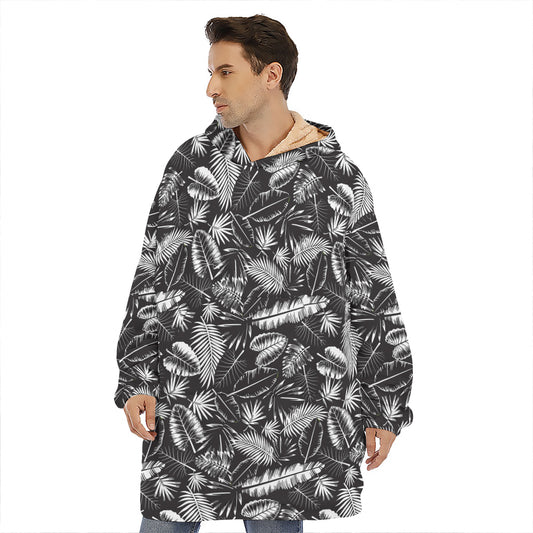 Black And White Tropical Palm Leaf Print Hoodie Blanket