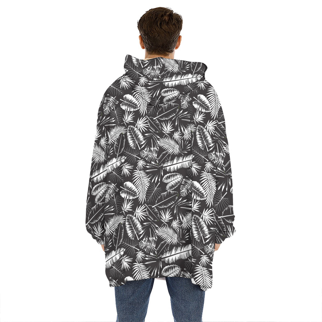 Black And White Tropical Palm Leaf Print Hoodie Blanket