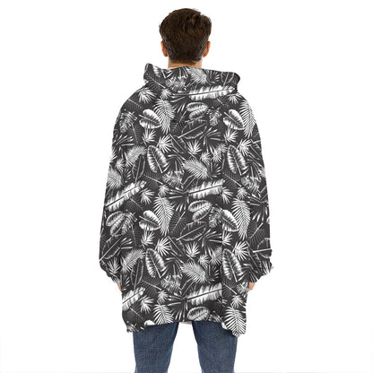 Black And White Tropical Palm Leaf Print Hoodie Blanket
