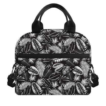 Black And White Tropical Palm Leaf Print Insulated Lunch Bag