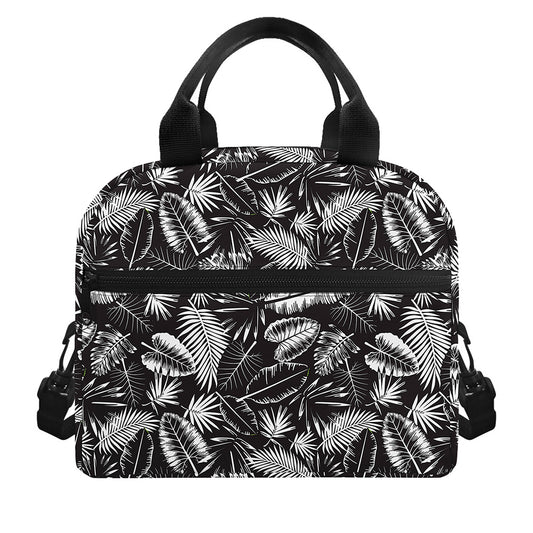 Black And White Tropical Palm Leaf Print Insulated Lunch Bag
