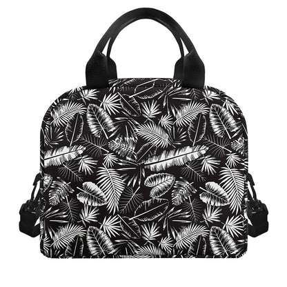 Black And White Tropical Palm Leaf Print Insulated Lunch Bag