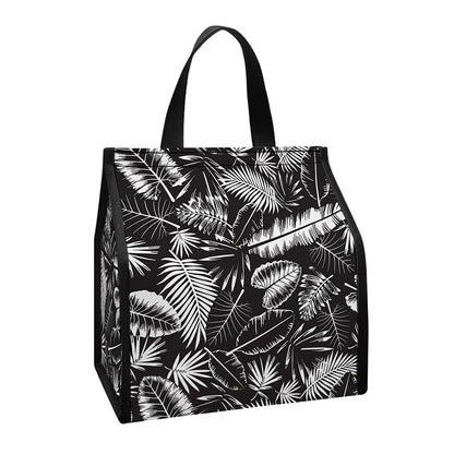 Black And White Tropical Palm Leaf Print Insulated Lunch Tote