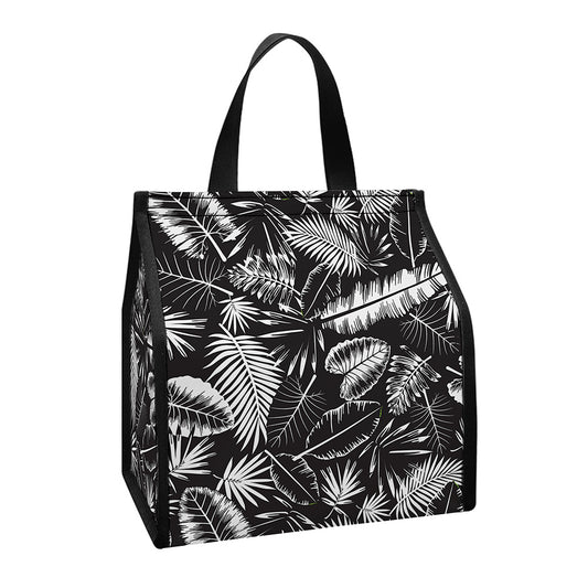 Black And White Tropical Palm Leaf Print Insulated Lunch Tote