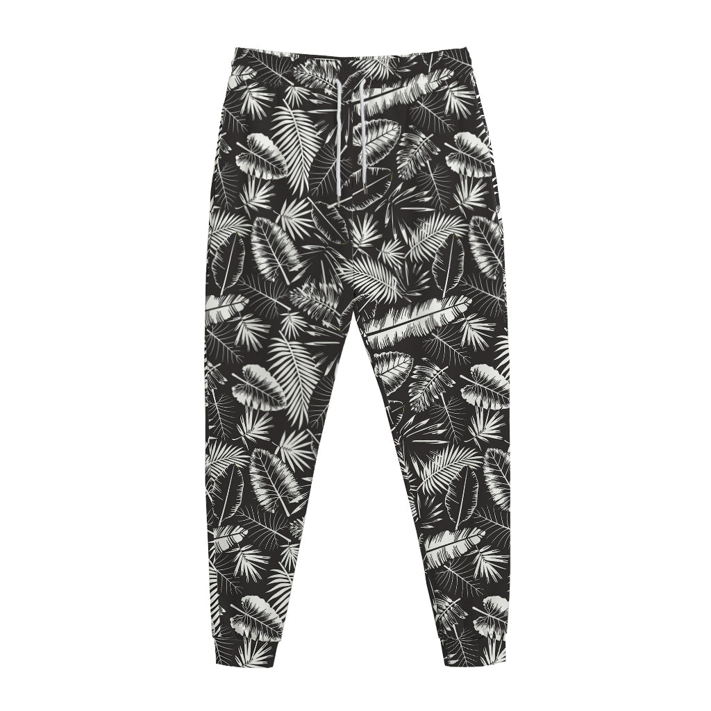 Black And White Tropical Palm Leaf Print Jogger Pants