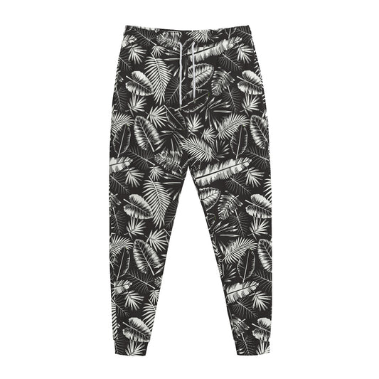 Black And White Tropical Palm Leaf Print Jogger Pants