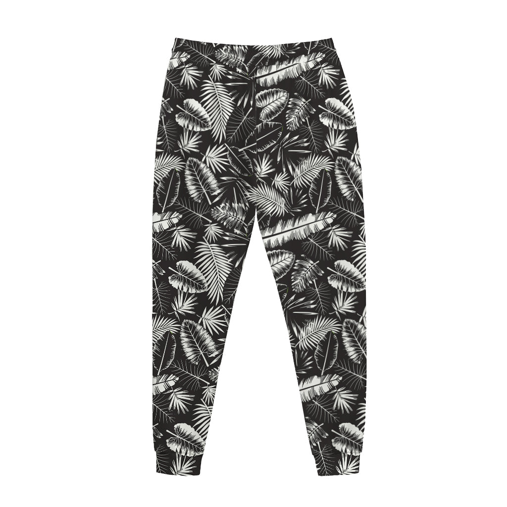 Black And White Tropical Palm Leaf Print Jogger Pants