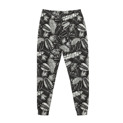 Black And White Tropical Palm Leaf Print Jogger Pants