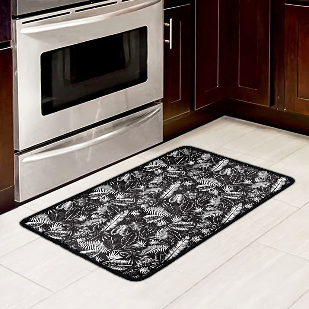Black And White Tropical Palm Leaf Print Kitchen Mat