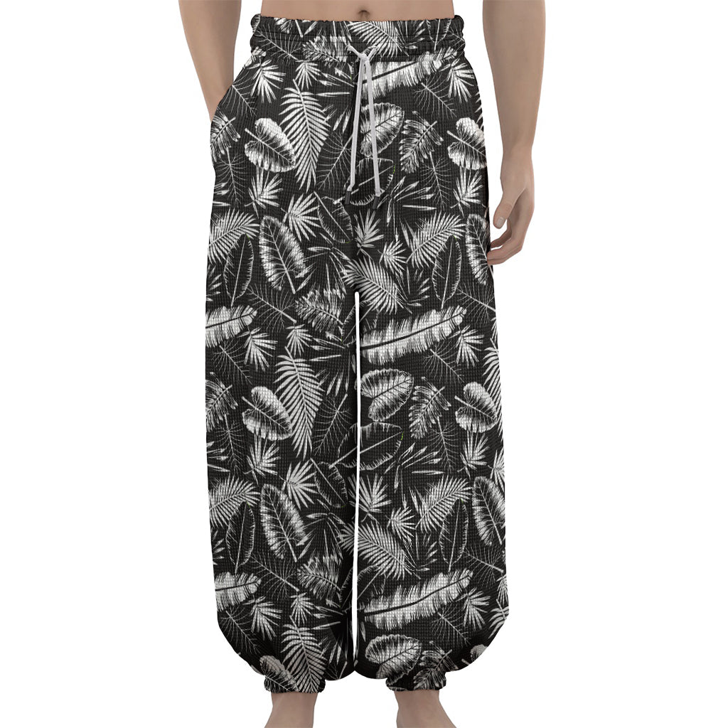Black And White Tropical Palm Leaf Print Lantern Pants