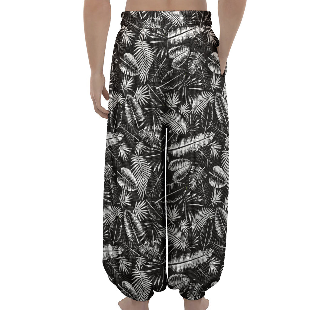 Black And White Tropical Palm Leaf Print Lantern Pants