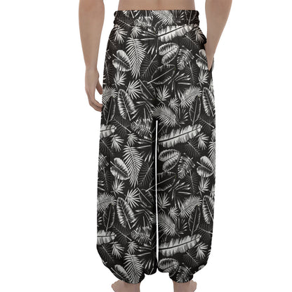 Black And White Tropical Palm Leaf Print Lantern Pants