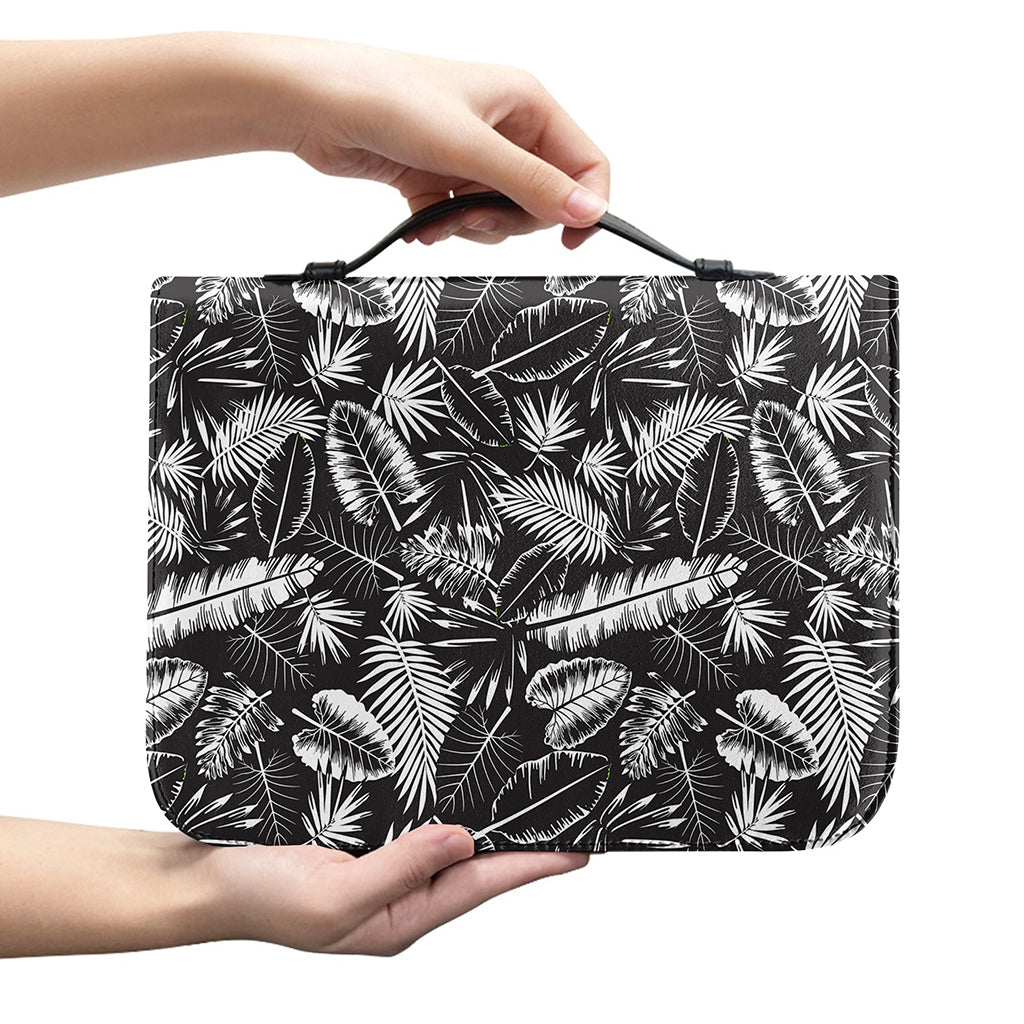 Black And White Tropical Palm Leaf Print Leather Bible Cover