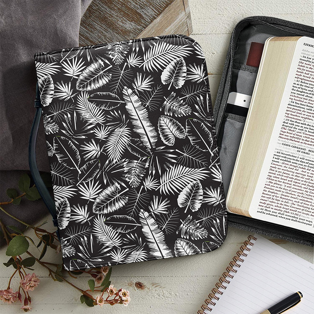 Black And White Tropical Palm Leaf Print Leather Bible Cover