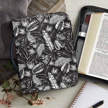 Black And White Tropical Palm Leaf Print Leather Bible Cover