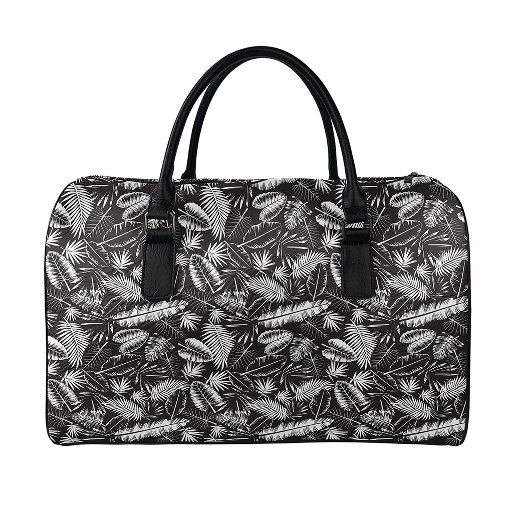 Black And White Tropical Palm Leaf Print Leather Duffle Bag