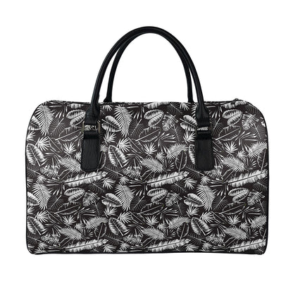 Black And White Tropical Palm Leaf Print Leather Duffle Bag