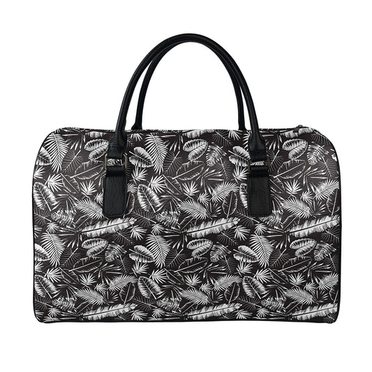Black And White Tropical Palm Leaf Print Leather Duffle Bag