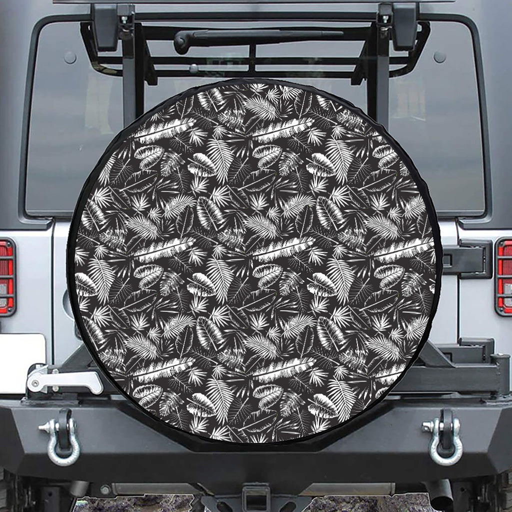 Black And White Tropical Palm Leaf Print Leather Spare Tire Cover
