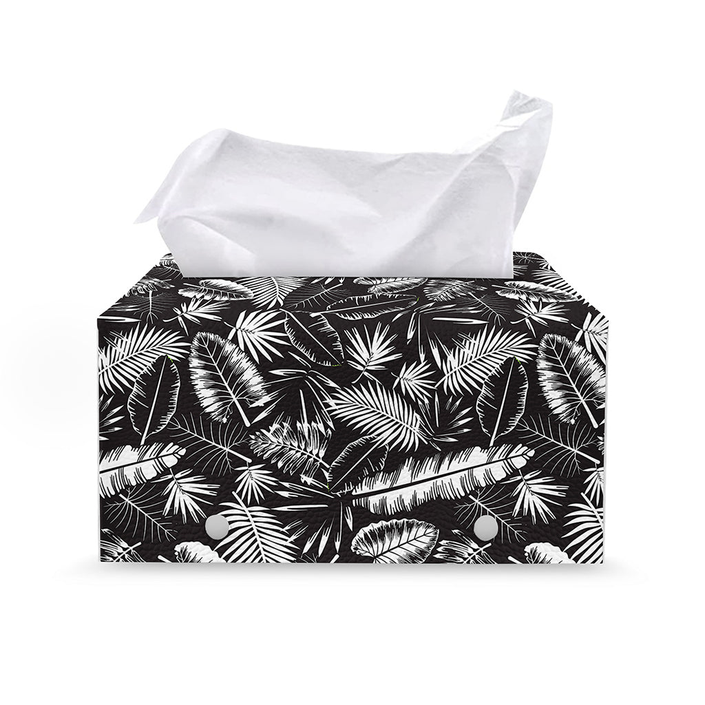 Black And White Tropical Palm Leaf Print Leather Tissue Box Cover