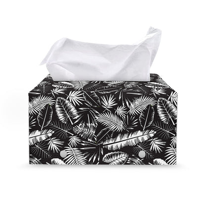 Black And White Tropical Palm Leaf Print Leather Tissue Box Cover