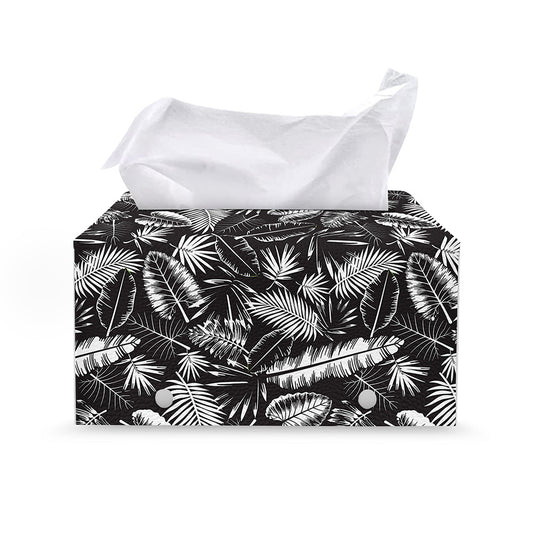 Black And White Tropical Palm Leaf Print Leather Tissue Box Cover