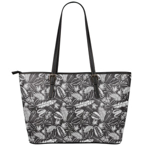 Black And White Tropical Palm Leaf Print Leather Tote Bag