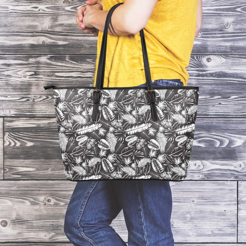 Black And White Tropical Palm Leaf Print Leather Tote Bag