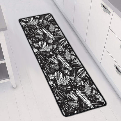 Black And White Tropical Palm Leaf Print Long Kitchen Mat