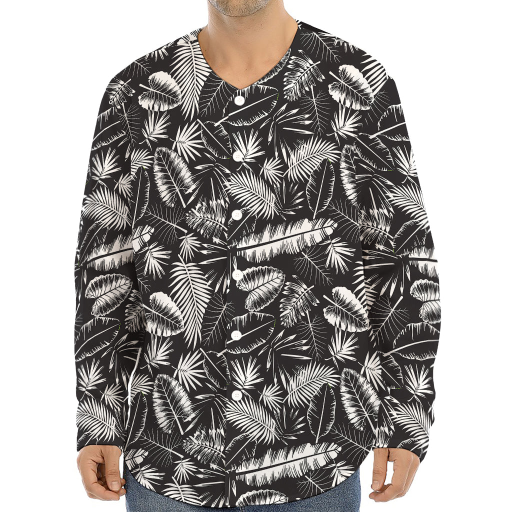 Black And White Tropical Palm Leaf Print Long Sleeve Baseball Jersey