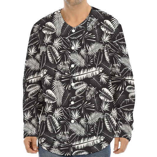 Black And White Tropical Palm Leaf Print Long Sleeve Baseball Jersey