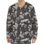 Black And White Tropical Palm Leaf Print Long Sleeve Baseball Jersey