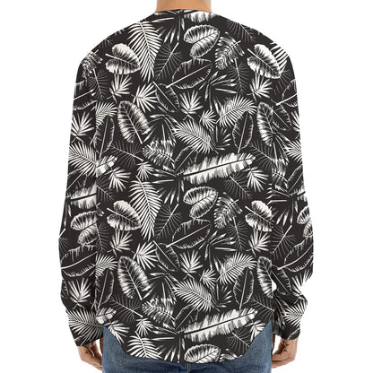 Black And White Tropical Palm Leaf Print Long Sleeve Baseball Jersey