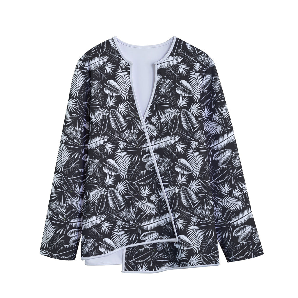 Black And White Tropical Palm Leaf Print Long Sleeve Short Coat