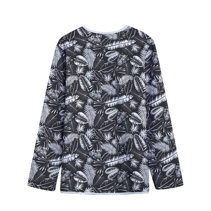 Black And White Tropical Palm Leaf Print Long Sleeve Short Coat