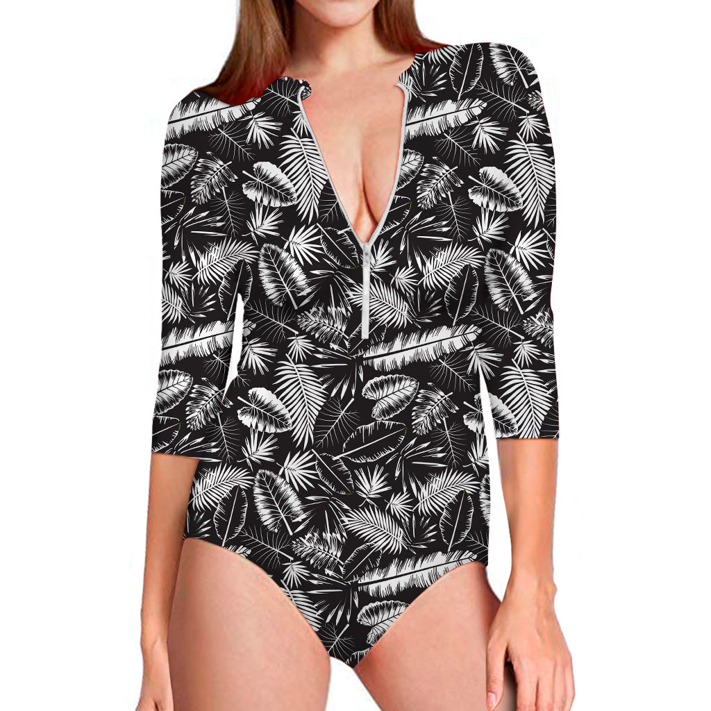 Black And White Tropical Palm Leaf Print Long Sleeve Swimsuit