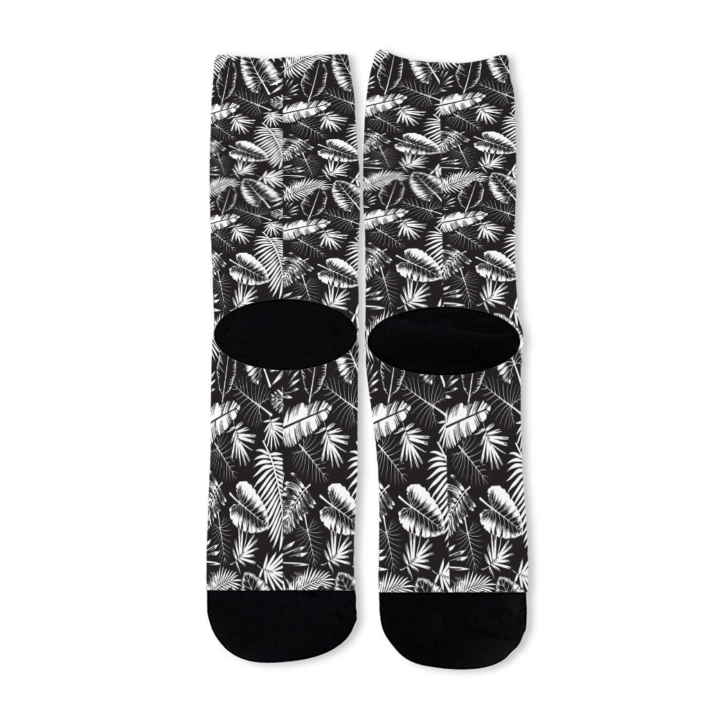 Black And White Tropical Palm Leaf Print Long Socks