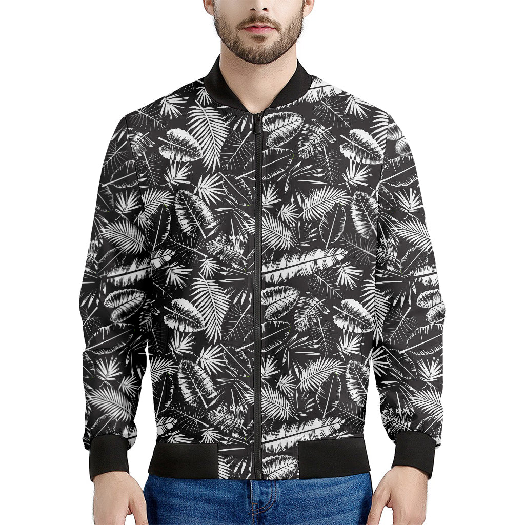 Black And White Tropical Palm Leaf Print Men's Bomber Jacket
