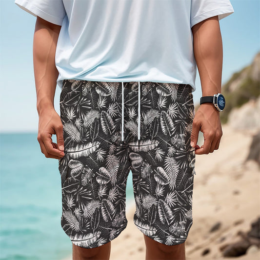 Black And White Tropical Palm Leaf Print Men's Cargo Shorts