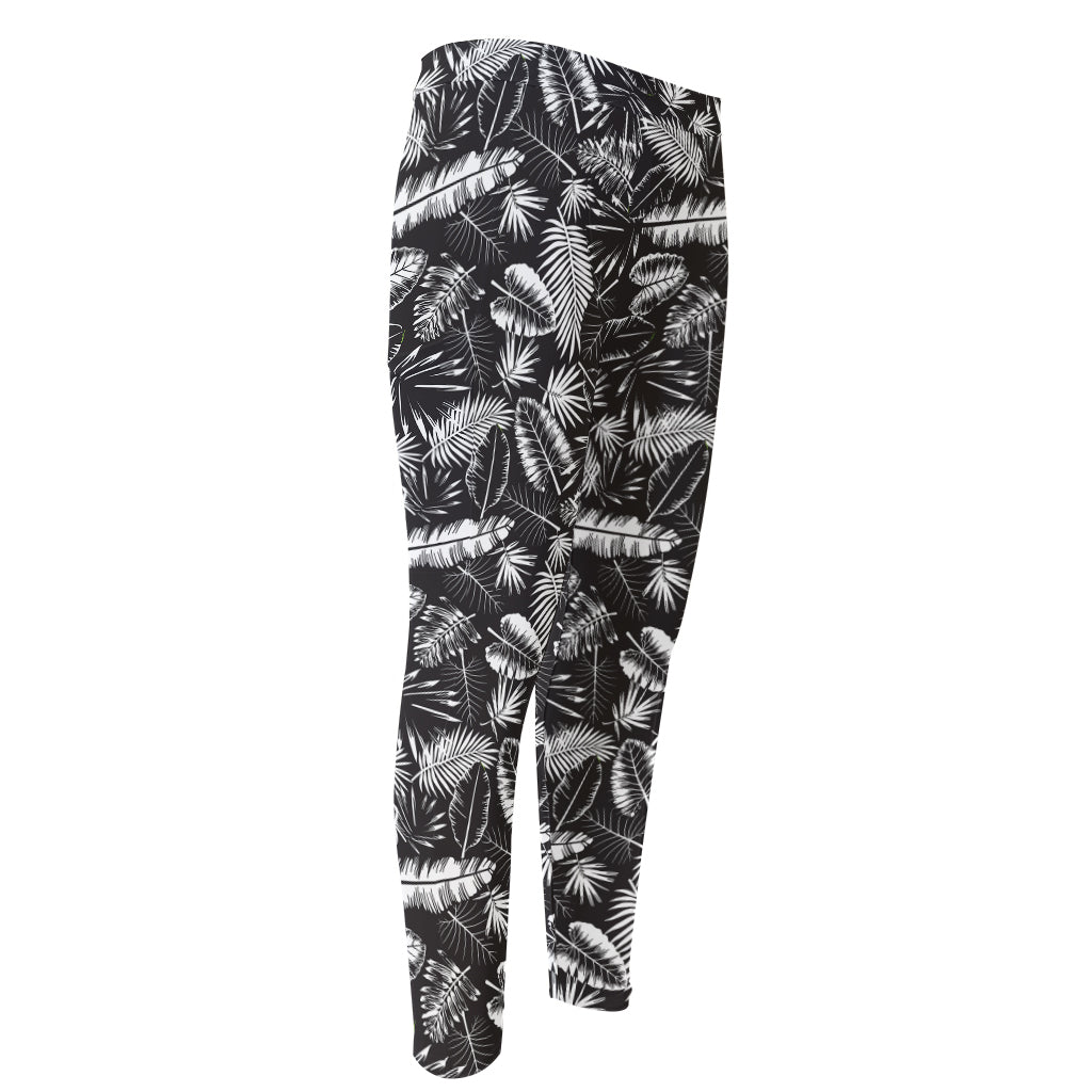 Black And White Tropical Palm Leaf Print Men's Compression Pants