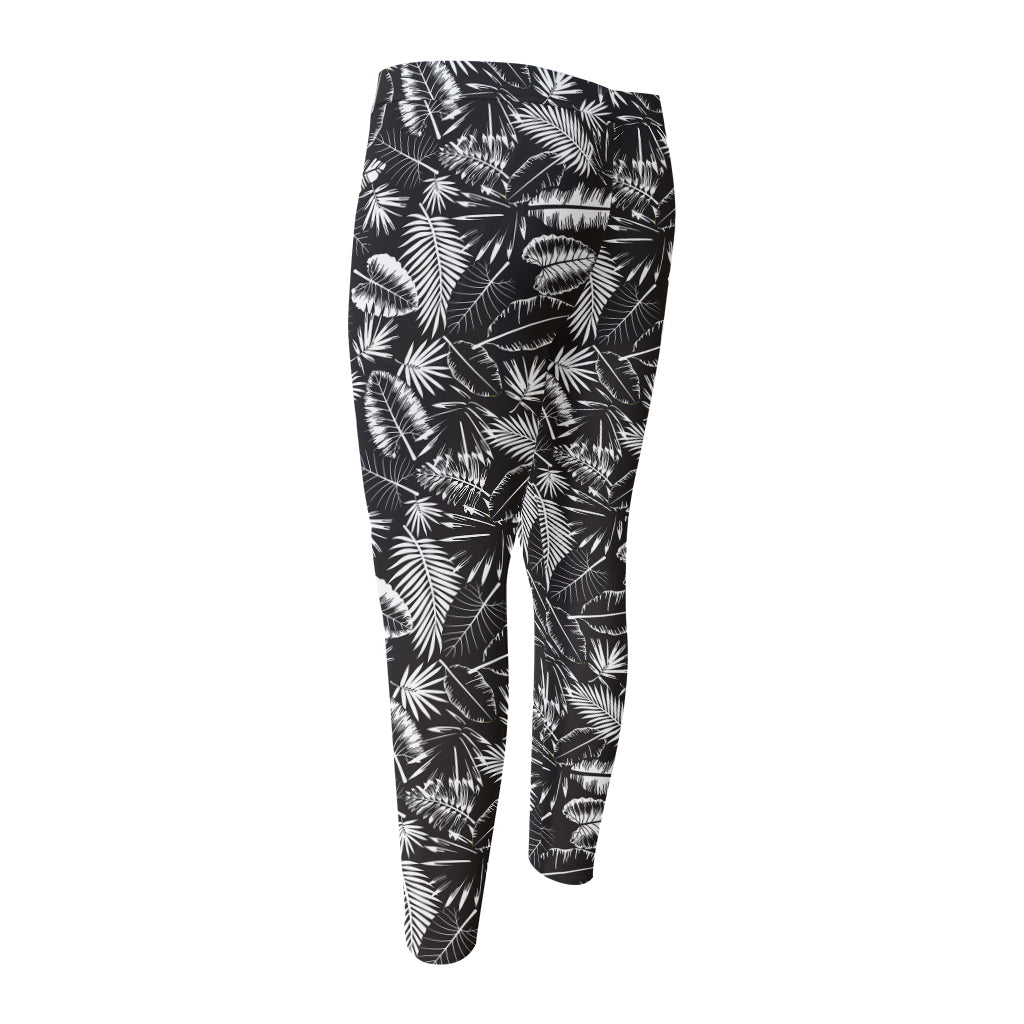 Black And White Tropical Palm Leaf Print Men's Compression Pants