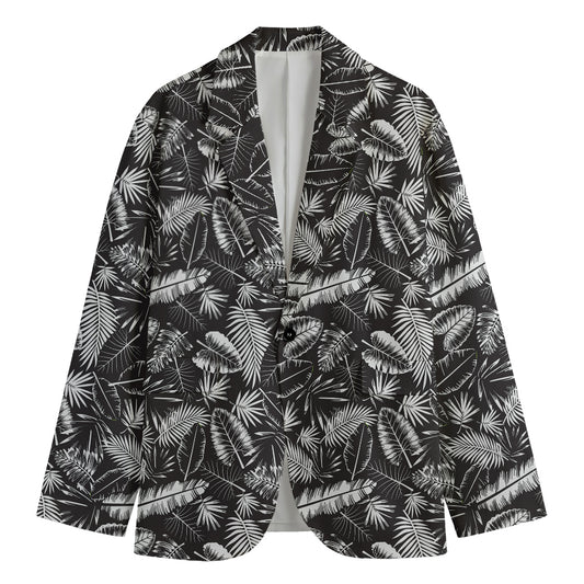 Black And White Tropical Palm Leaf Print Men's Cotton Blazer